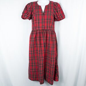 J Crew Tartan Puff Sleeve Cotton Blend Poplin Dress Size 6 Plaid Red Prairie